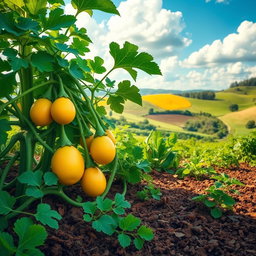 A vibrant and lush landscape featuring a large melon plant, with sprawling green vines and bright, round melons hanging from the leaves