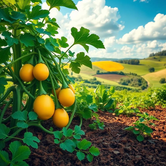 A vibrant and lush landscape featuring a large melon plant, with sprawling green vines and bright, round melons hanging from the leaves