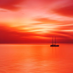 A captivating panoramic view of a sea sunset, with vibrant orange and pink hues painting the sky. The light is shimmering on the calm water, with a silhouetted ship sailing in the distance.