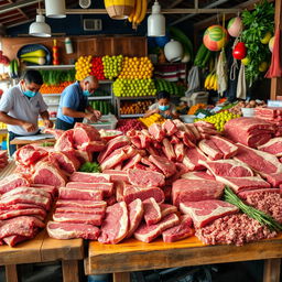 A vibrant display of carabao meat cuts in a traditional market setting, showcasing various retail and wholesale options