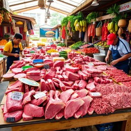 A vibrant display of carabao meat cuts in a traditional market setting, showcasing various retail and wholesale options