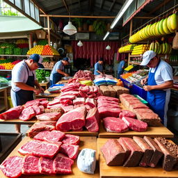A vibrant display of carabao meat cuts in a traditional market setting, showcasing various retail and wholesale options