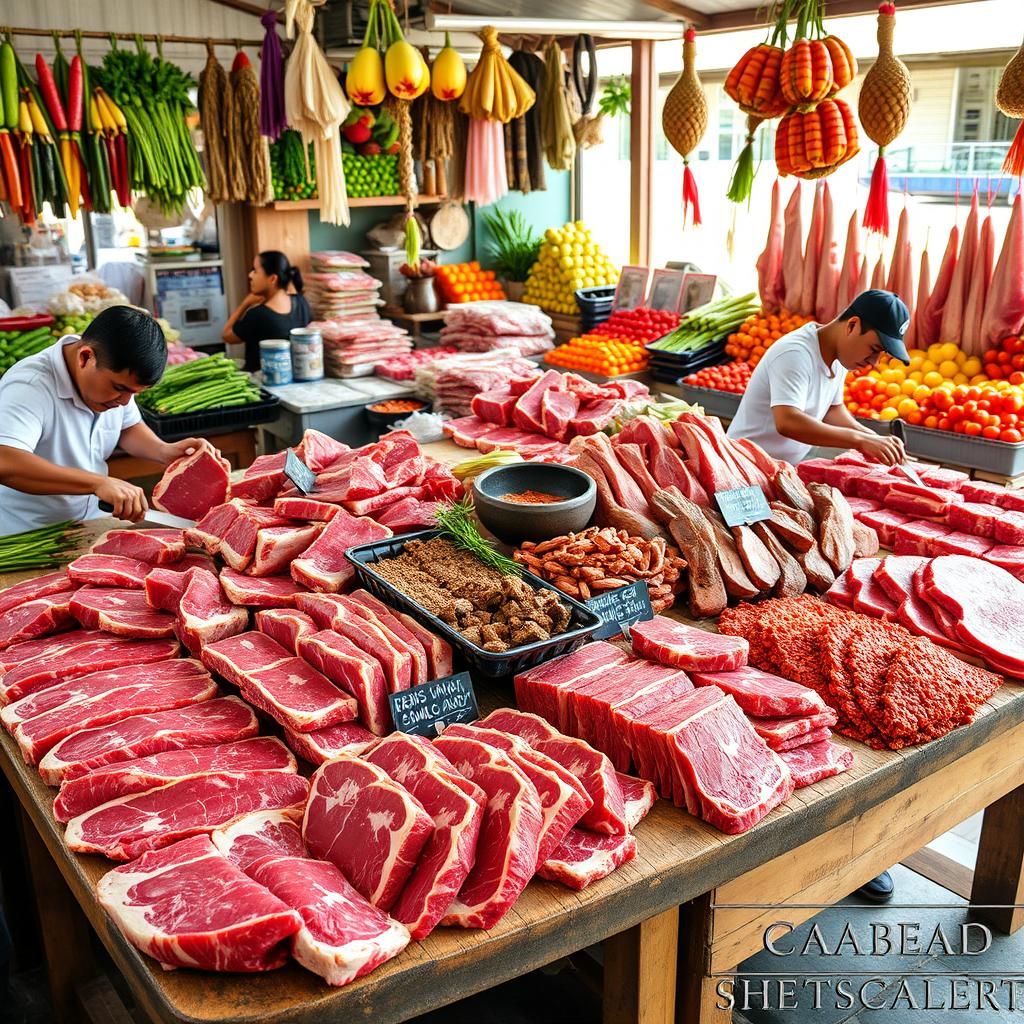 A vibrant display of carabao meat cuts in a traditional market setting, showcasing various retail and wholesale options