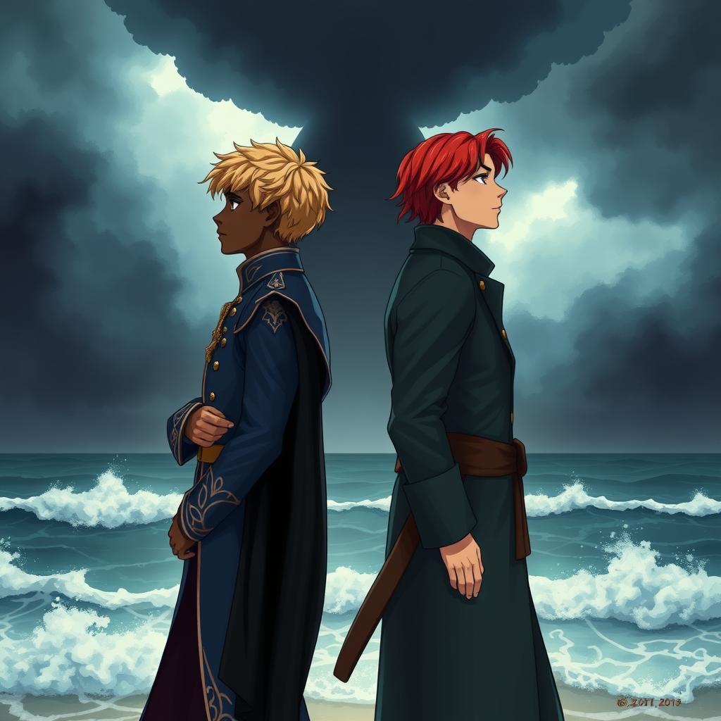 Two young men standing back to back, depicting a scene filled with emotional conflict