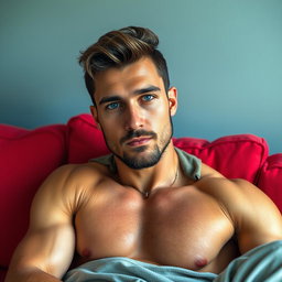 An Italian man with a slight beard and striking hunter blue eyes, showcasing a muscular build and bronze skin