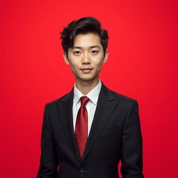 A formal portrait of a person dressed in an elegant suit, with a bright red background