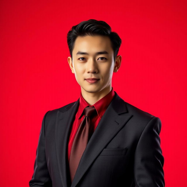 A formal portrait of a person dressed in an elegant suit, with a bright red background