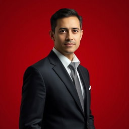 A formal portrait of a person dressed in an elegant suit, with a bright red background