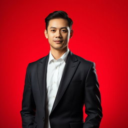 A formal portrait of a person dressed in an elegant suit, with a bright red background