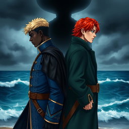 Two young men standing back to back, depicting a scene filled with emotional conflict