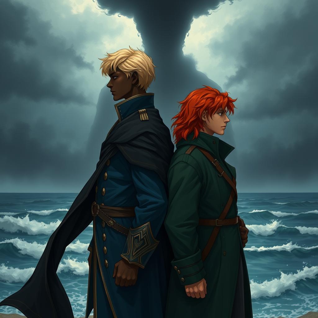 Two young men standing back to back, depicting a scene filled with emotional conflict