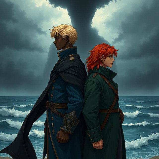 Two young men standing back to back, depicting a scene filled with emotional conflict