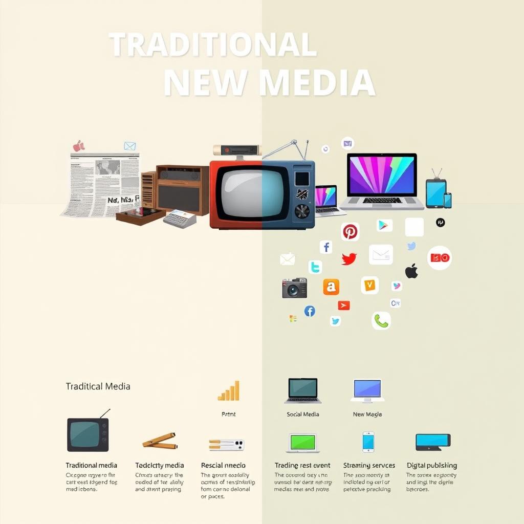 A digital poster illustrating the evolution of traditional media to new media, featuring elements like a vintage newspaper, a classic radio, a retro television, and modern laptops and smartphones