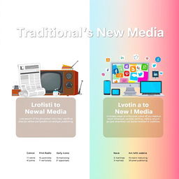 A digital poster illustrating the evolution of traditional media to new media, featuring elements like a vintage newspaper, a classic radio, a retro television, and modern laptops and smartphones