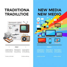 A digital poster illustrating the evolution of traditional media to new media, featuring elements like a vintage newspaper, a classic radio, a retro television, and modern laptops and smartphones