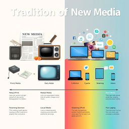 A digital poster illustrating the evolution of traditional media to new media, featuring elements like a vintage newspaper, a classic radio, a retro television, and modern laptops and smartphones