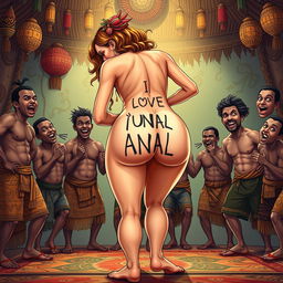 A humorous and exaggerated full-body illustration of a woman resembling Jennifer López with naked bubble buttocks bending over, featuring a playful tattoo that says 'I LOVE ANAL' on the back