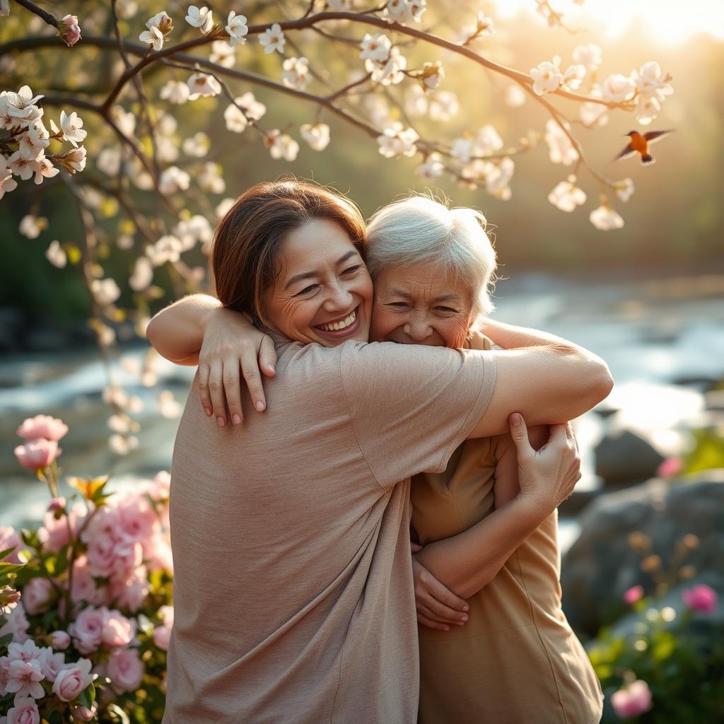 A tender moment between two adults embracing each other in a warm, affectionate hug