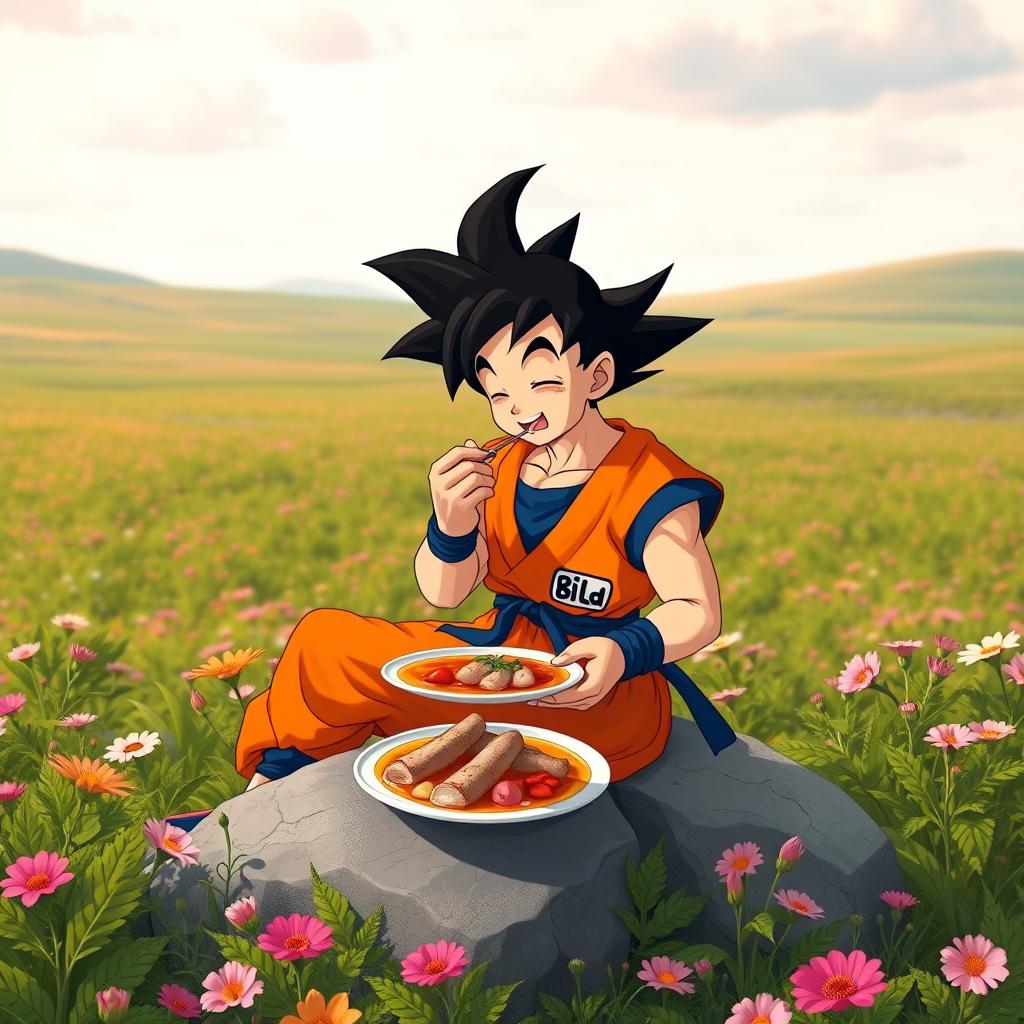 Goku from Dragon Ball enjoying a plate of encebollado, a traditional Ecuadorian fish stew, in a serene landscape with vibrant pastels