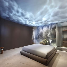 Visualize a spacious room, boasting a ceiling painted like clouds. There's a bed centered and affixed to a wall, near a substantial mirror and a large compartmentalized wardrobe. A soft mat covers the floor, and a waterfall is etched into the wall across from the bed. One wall is empty, bathed in a blend of light and dark colors, with prominent features being a sizable study table and wall-mounted shelves.