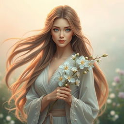 A beautiful woman resembling Furina, with long flowing hair, dressed in an elegant outfit, gracefully holding a branch of delicate white flowers