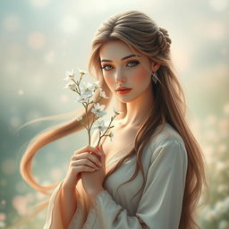 A beautiful woman resembling Furina, with long flowing hair, dressed in an elegant outfit, gracefully holding a branch of delicate white flowers