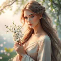 A beautiful woman resembling Furina, with long flowing hair, dressed in an elegant outfit, gracefully holding a branch of delicate white flowers