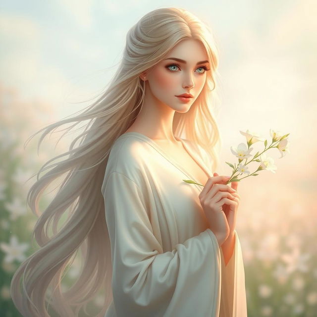 A beautiful woman resembling Furina, with long flowing hair, dressed in an elegant outfit, gracefully holding a branch of delicate white flowers