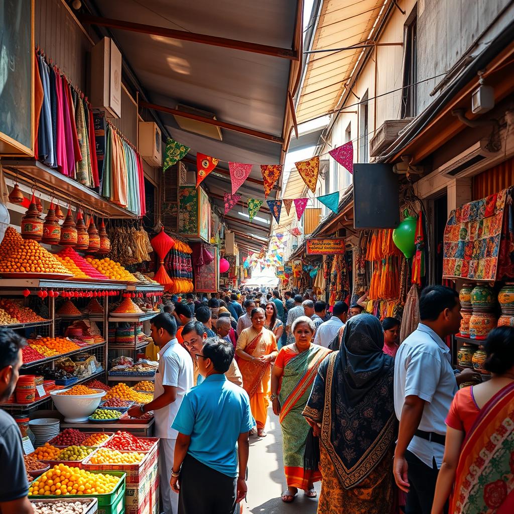 A bustling narrow market, filled with vibrant stalls selling colorful goods
