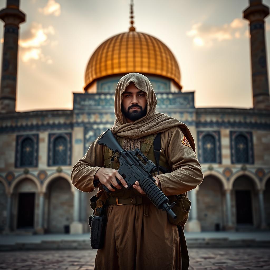 A resilient warrior standing confidently in front of the Al-Aqsa Mosque, holding a rifle