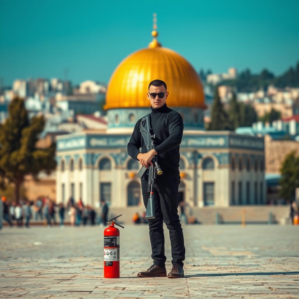 A distant view of a person standing in front of the Al-Aqsa Mosque, holding a rifle and a fire extinguisher beside him