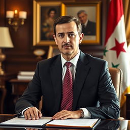 A portrait of Bashar al-Assad, the President of Syria, depicting him in a formal suit and tie, sitting confidently at a desk adorned with important documents and a Syrian flag in the background