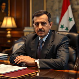 A portrait of Bashar al-Assad, the President of Syria, depicting him in a formal suit and tie, sitting confidently at a desk adorned with important documents and a Syrian flag in the background
