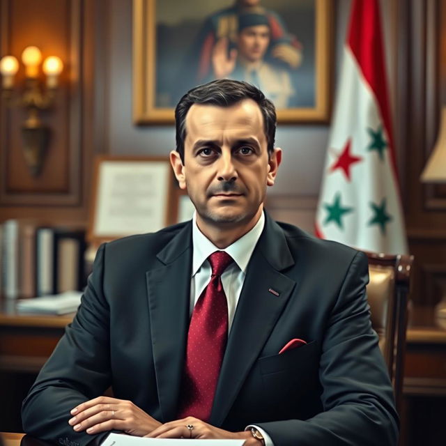 A portrait of Bashar al-Assad, the President of Syria, depicting him in a formal suit and tie, sitting confidently at a desk adorned with important documents and a Syrian flag in the background