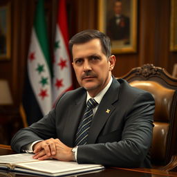 A portrait of Bashar al-Assad, the President of Syria, depicting him in a formal suit and tie, sitting confidently at a desk adorned with important documents and a Syrian flag in the background