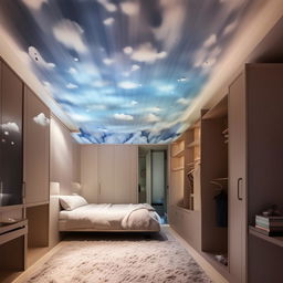 Visualize a spacious room, boasting a ceiling painted like clouds. There's a bed centered and affixed to a wall, near a substantial mirror and a large compartmentalized wardrobe. A soft mat covers the floor, and a waterfall is etched into the wall across from the bed. One wall is empty, bathed in a blend of light and dark colors, with prominent features being a sizable study table and wall-mounted shelves.