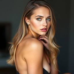 A beautiful young woman with straight yet slightly curly hair, featuring plump and rosy lips and captivating blue-green eyes