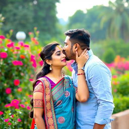 A romantic scene featuring a man kissing an Indian woman