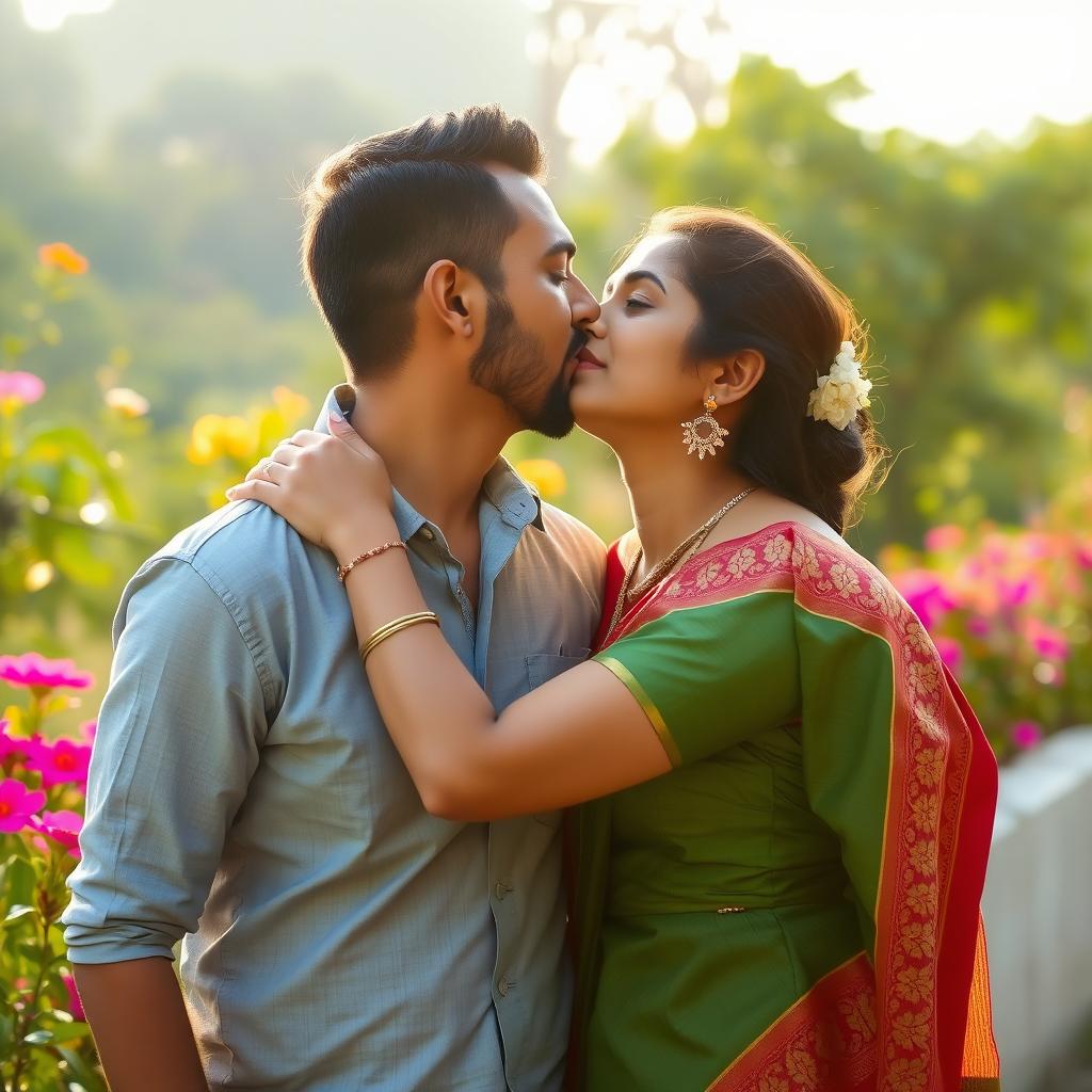 A romantic scene featuring a man kissing an Indian woman