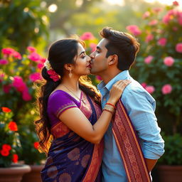 A romantic scene featuring a man kissing an Indian woman