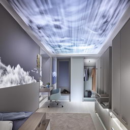 Visualize a spacious room, boasting a ceiling painted like clouds. There's a bed centered and affixed to a wall, near a substantial mirror and a large compartmentalized wardrobe. A soft mat covers the floor, and a waterfall is etched into the wall across from the bed. One wall is empty, bathed in a blend of light and dark colors, with prominent features being a sizable study table and wall-mounted shelves.