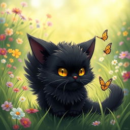 A cute black moorbounder, a mythical creature resembling a large, fluffy cat with striking yellow eyes and velvety black fur