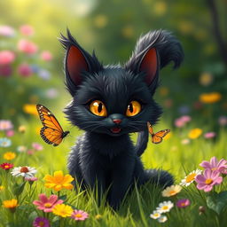 A cute black moorbounder, a mythical creature resembling a large, fluffy cat with striking yellow eyes and velvety black fur