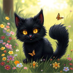 A cute black moorbounder, a mythical creature resembling a large, fluffy cat with striking yellow eyes and velvety black fur