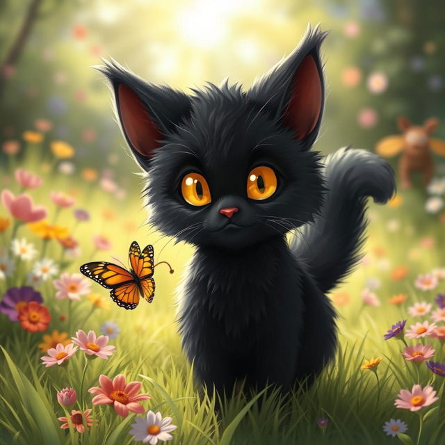 A cute black moorbounder, a mythical creature resembling a large, fluffy cat with striking yellow eyes and velvety black fur