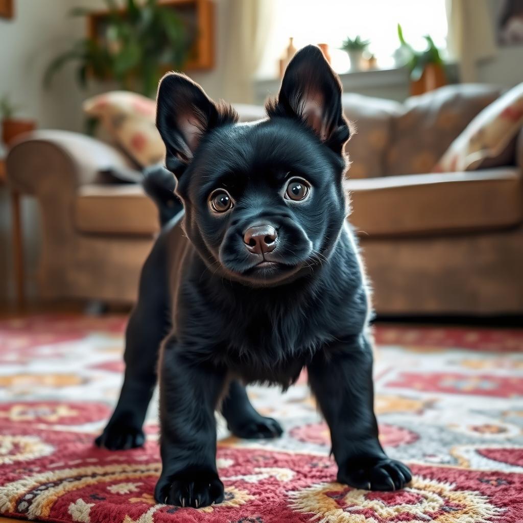A cute black moorbounder as a pet, featuring glossy fur with an expressive face