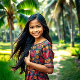 A beautiful Indonesian girl with long, flowing black hair, warm brown skin, and a bright, friendly smile