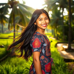 A beautiful Indonesian girl with long, flowing black hair, warm brown skin, and a bright, friendly smile
