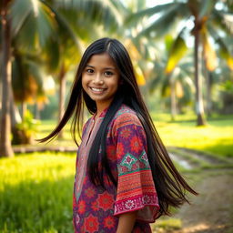 A beautiful Indonesian girl with long, flowing black hair, warm brown skin, and a bright, friendly smile