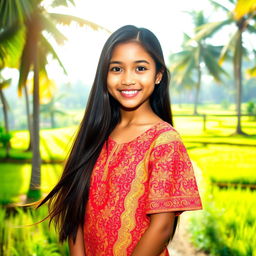 A beautiful Indonesian girl with long, flowing black hair, warm brown skin, and a bright, friendly smile